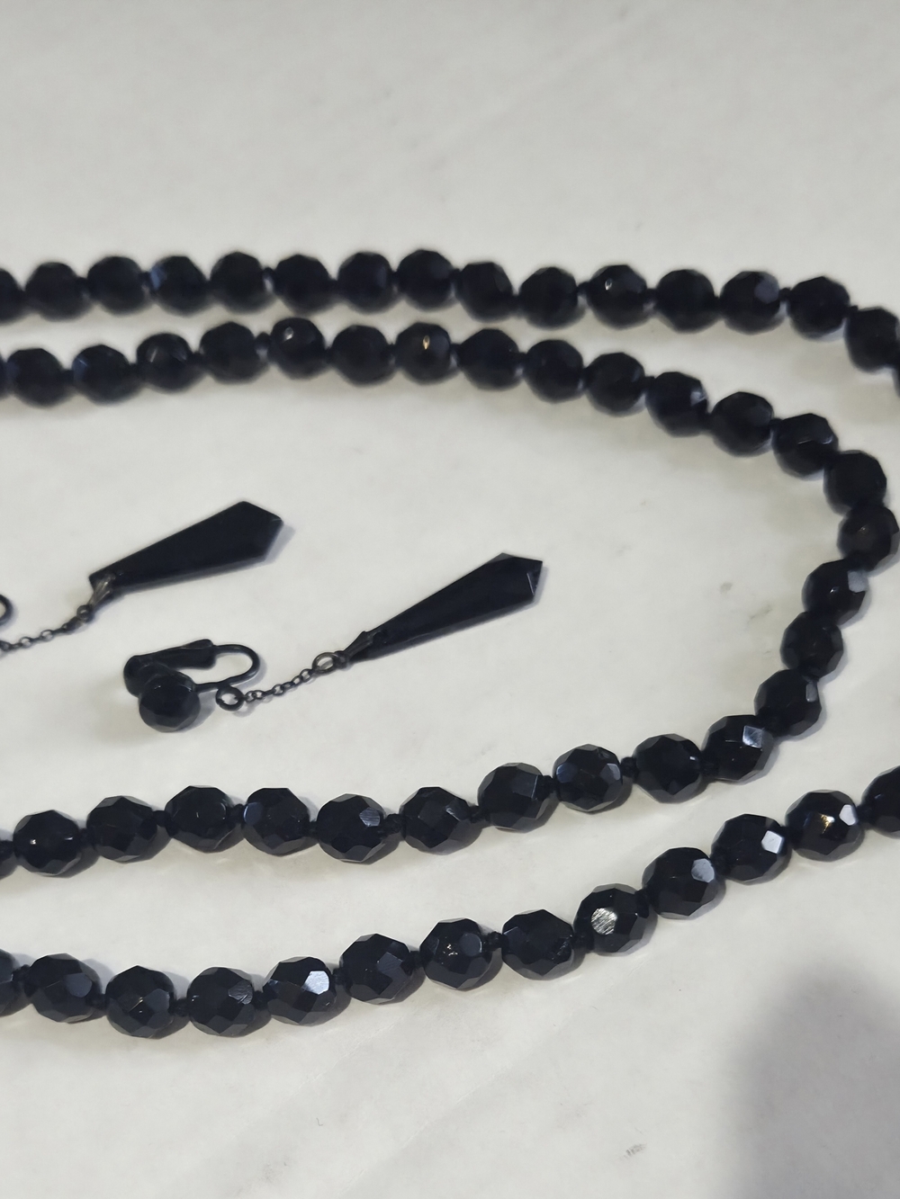 Black Jet Necklace & Drop Earring Faceted Vintage Bead Jewelry Set